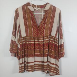 Easel Boho Tribal Peasant Blouse Tunic Top Women’s Sz S Beige Orange Flowy EUC